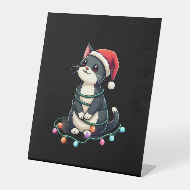 Christmas Cat Tuxedo black cat xmas lights kitty c Pedestal Sign (Front)