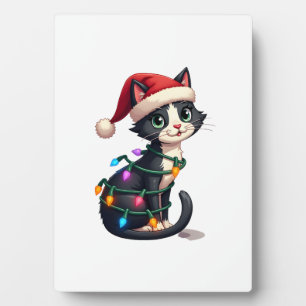 Christmas Cat Tuxedo black cat xmas lights kitty c Plaque