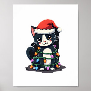 Christmas Cat Tuxedo black cat xmas lights kitty c Poster