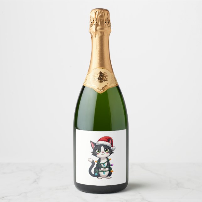 Christmas Cat Tuxedo black cat xmas lights kitty c Sparkling Wine Label (Front)