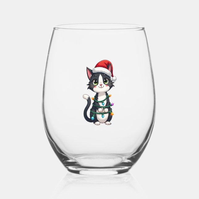 Christmas Cat Tuxedo black cat xmas lights kitty c Stemless Wine Glass (Front)