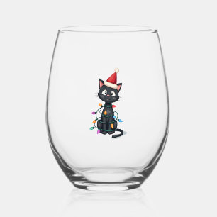 Christmas Cat Tuxedo black cat xmas lights kitty c Stemless Wine Glass
