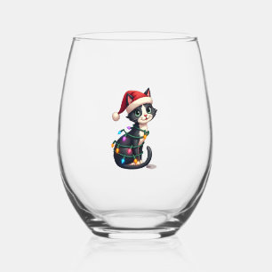 Christmas Cat Tuxedo black cat xmas lights kitty c Stemless Wine Glass