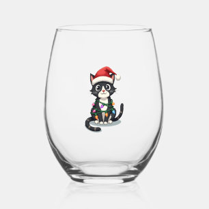 Christmas Cat Tuxedo black cat xmas lights kitty c Stemless Wine Glass