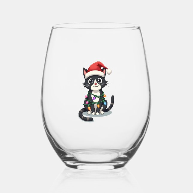 Christmas Cat Tuxedo black cat xmas lights kitty c Stemless Wine Glass (Front)