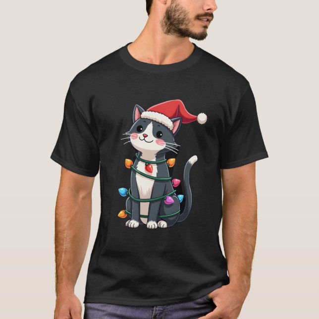 Christmas Cat Tuxedo black cat xmas lights kitty c T-Shirt (Front)