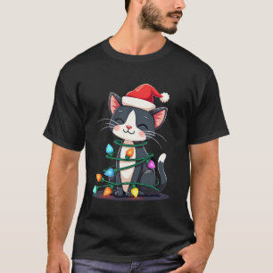 Christmas Cat Tuxedo black cat xmas lights kitty c T-Shirt