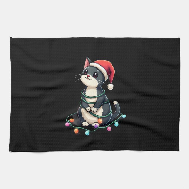 Christmas Cat Tuxedo black cat xmas lights kitty c Tea Towel (Horizontal)