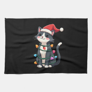 Christmas Cat Tuxedo black cat xmas lights kitty c Tea Towel