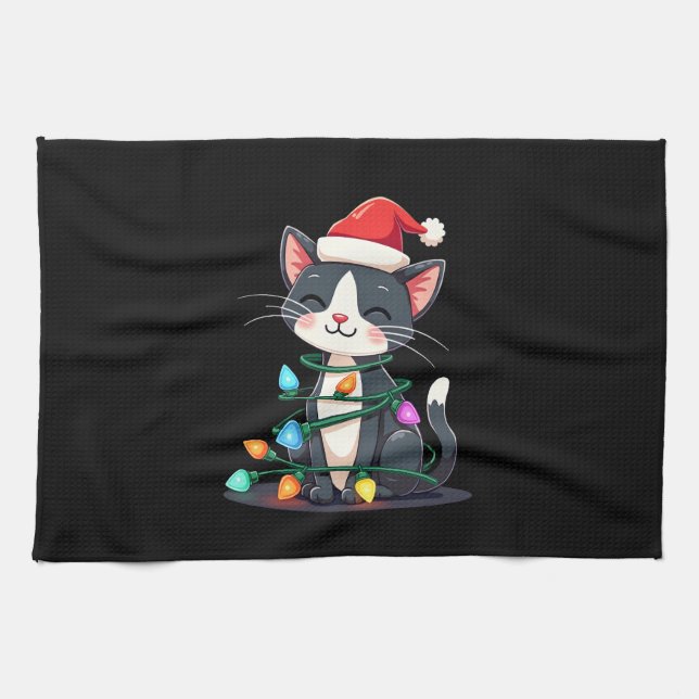 Christmas Cat Tuxedo black cat xmas lights kitty c Tea Towel (Horizontal)