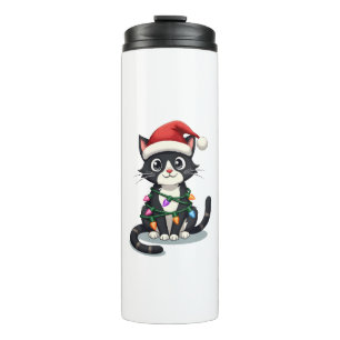 Christmas Cat Tuxedo black cat xmas lights kitty c Thermal Tumbler