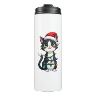 Christmas Cat Tuxedo black cat xmas lights kitty c Thermal Tumbler