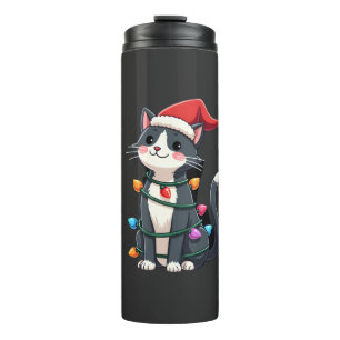 Christmas Cat Tuxedo black cat xmas lights kitty c Thermal Tumbler