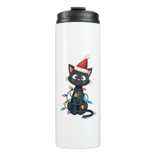 Christmas Cat Tuxedo black cat xmas lights kitty c Thermal Tumbler