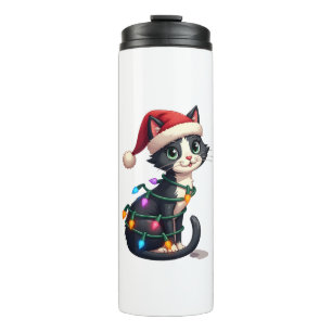Christmas Cat Tuxedo black cat xmas lights kitty c Thermal Tumbler
