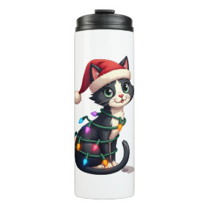 Christmas Cat Tuxedo black cat xmas lights kitty c Thermal Tumbler