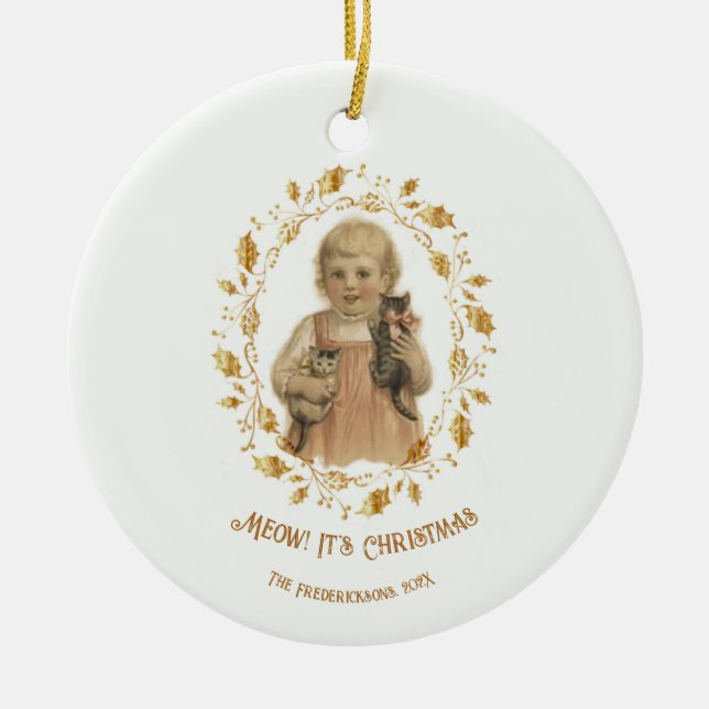 Christmas Cat Vintage Ceramic Ornament (Front)