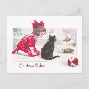 Christmas Cat Watches Turtle Pull Toy Vintage Holiday Postcard