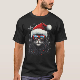 Christmas Cat Wearing Santa Hat and Glasses T-Shirt