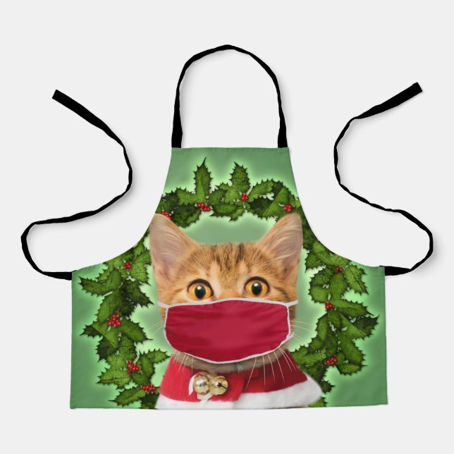 Christmas Cat with coronavirus mask Apron (Front)