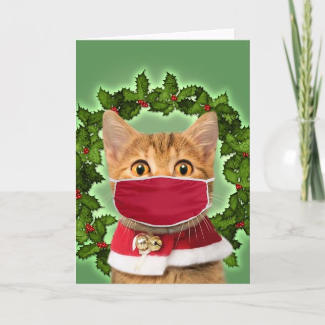 Christmas Cat with coronavirus mask Card (Front)