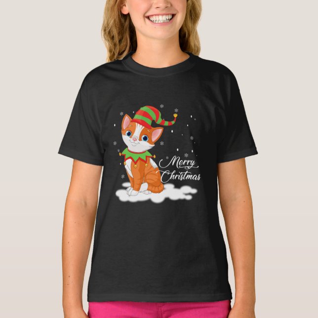Christmas Cat with Elf Hat Funny Gift T-Shirt (Front)