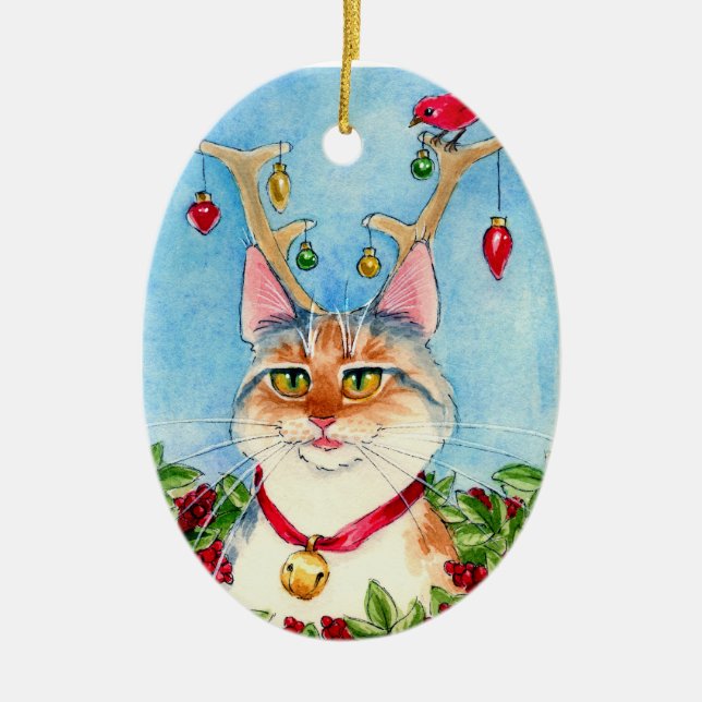 Christmas Cat with reindeer antlers ornament (Front)