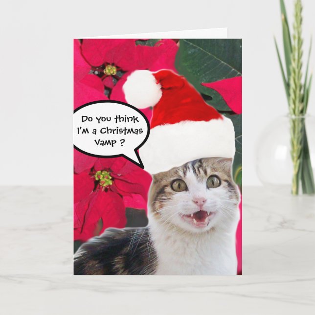 CHRISTMAS CAT WITH SANTA CLAUS HAT AND POINSETTIAS HOLIDAY CARD (Front)