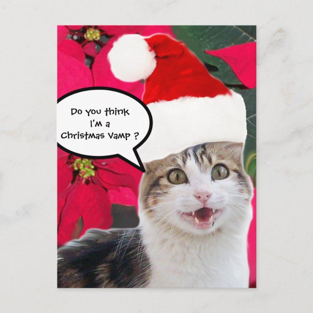 CHRISTMAS CAT WITH SANTA CLAUS HAT AND POINSETTIAS HOLIDAY POSTCARD (Front)