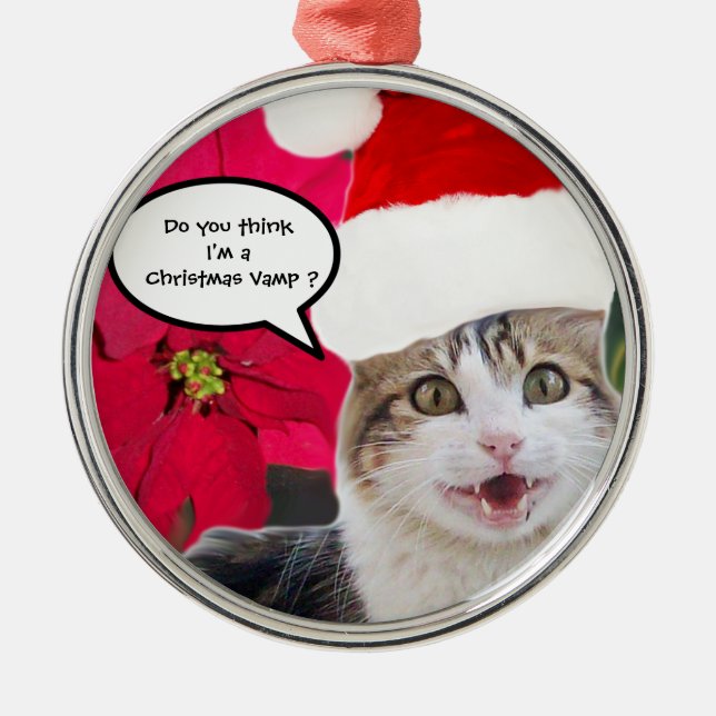CHRISTMAS CAT WITH SANTA CLAUS HAT AND POINSETTIAS METAL TREE DECORATION (Front)