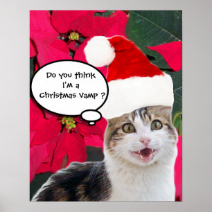 CHRISTMAS CAT WITH SANTA CLAUS HAT AND POINSETTIAS POSTER