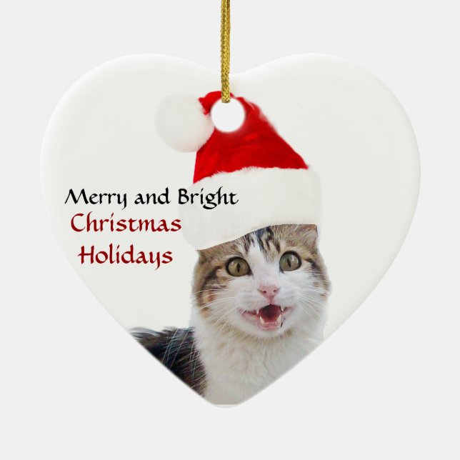 CHRISTMAS CAT WITH SANTA CLAUS HAT HEART CERAMIC TREE DECORATION (Back)