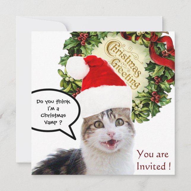 CHRISTMAS CAT WITH SANTA CLAUS HAT HOLIDAY PARTY INVITATION (Front)