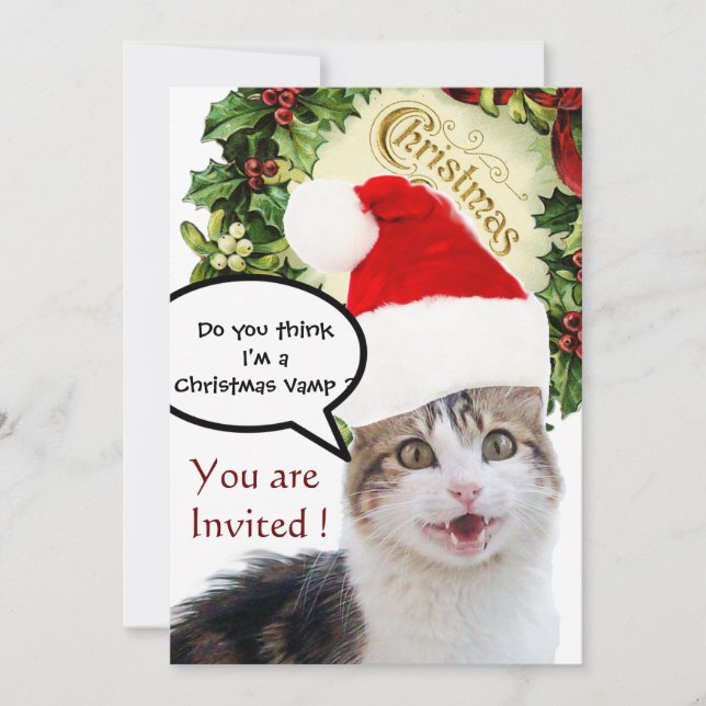 CHRISTMAS CAT WITH SANTA CLAUS HAT HOLIDAY PARTY INVITATION (Front)