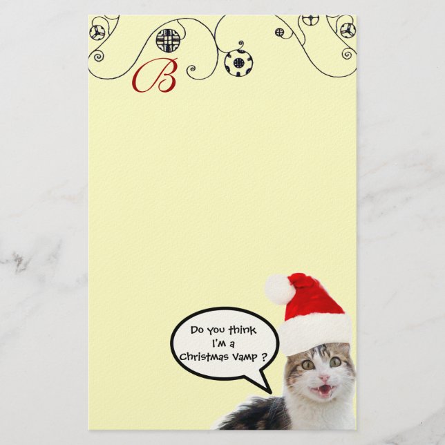 CHRISTMAS CAT WITH SANTA CLAUS HAT Monogram Stationery (Front)