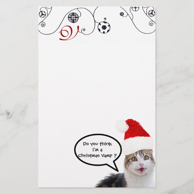 CHRISTMAS CAT WITH SANTA CLAUS HAT Monogram Stationery (Front)