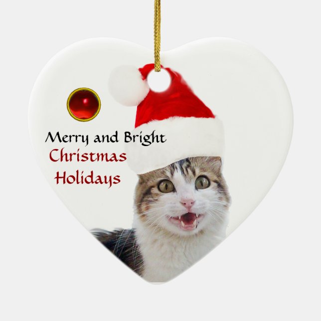 CHRISTMAS CAT WITH SANTA CLAUS HAT RUBY HEART CERAMIC TREE DECORATION (Back)