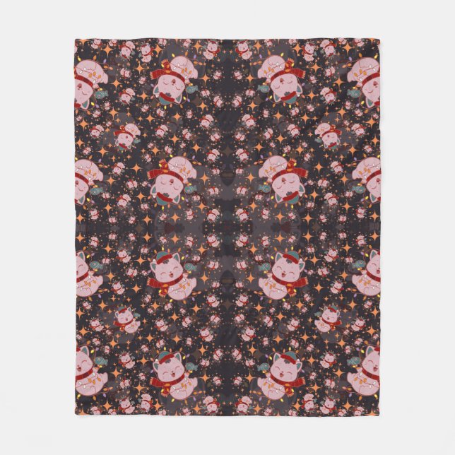 Christmas Cat With Santa Hat Fleece Blanket (Front)