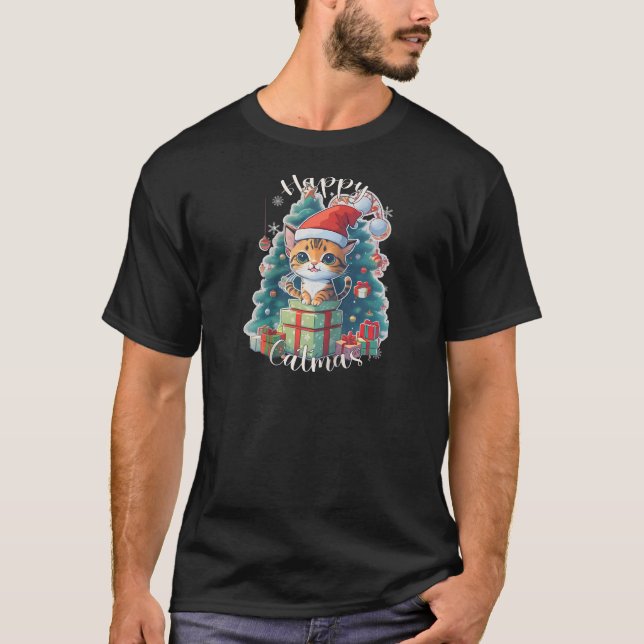 Christmas Cat with Santa hat for Boys and Girls Ra T-Shirt (Front)