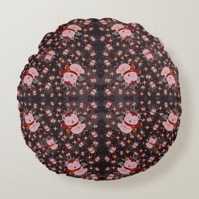 Christmas Cat With Santa Hat Round Cushion (Front)