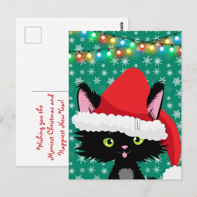 Christmas Cat with Santa Hat Snowflakes and Lights Postcard (Front/Back)
