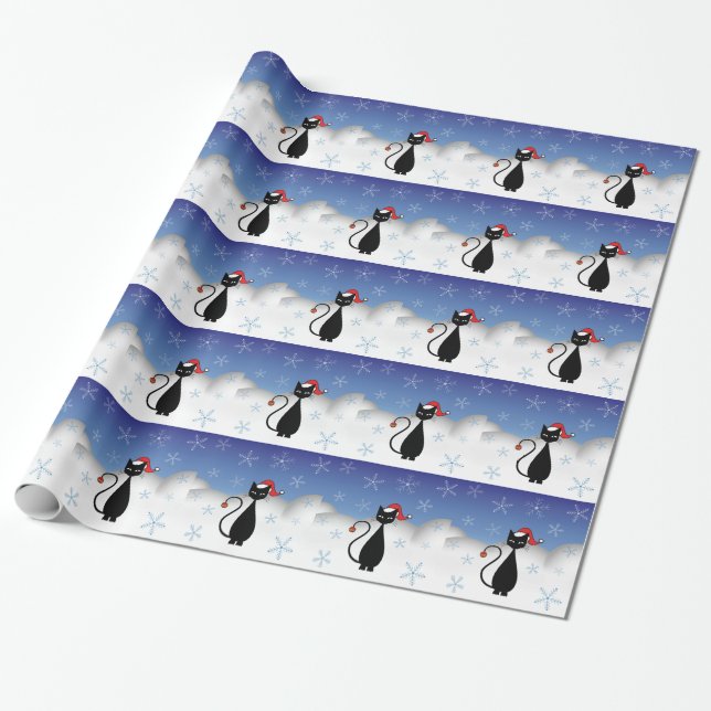 Christmas Cat with Snowflakes Wrapping Paper (Unrolled)