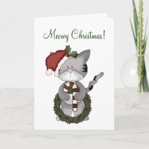 Christmas Cat with Wreath+Candy Cane-Humour Holiday Card
