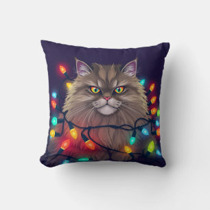 Christmas Cat Wrapped in Colorful Lights Cushion