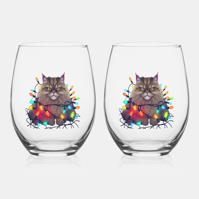 Christmas Cat Wrapped in Colorful Lights Stemless Wine Glass (Front)