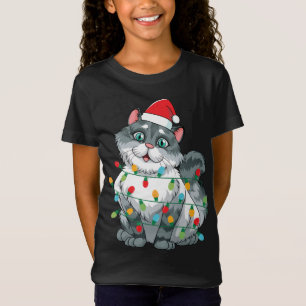 Christmas Cat Wrapped In Colourful Lights Wearing T-Shirt