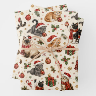 Christmas Cat Wrapping Paper, Cute Festive Cats Paper Sheet