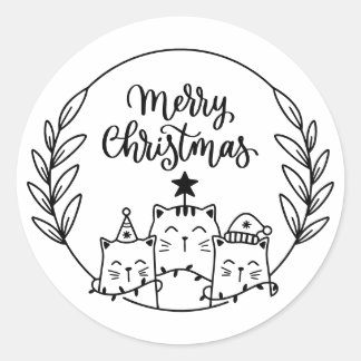 Christmas cat wreath classic round sticker