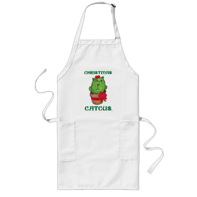 Christmas Catcus Holiday Cactus Cartoon Cat Long Apron (Front)