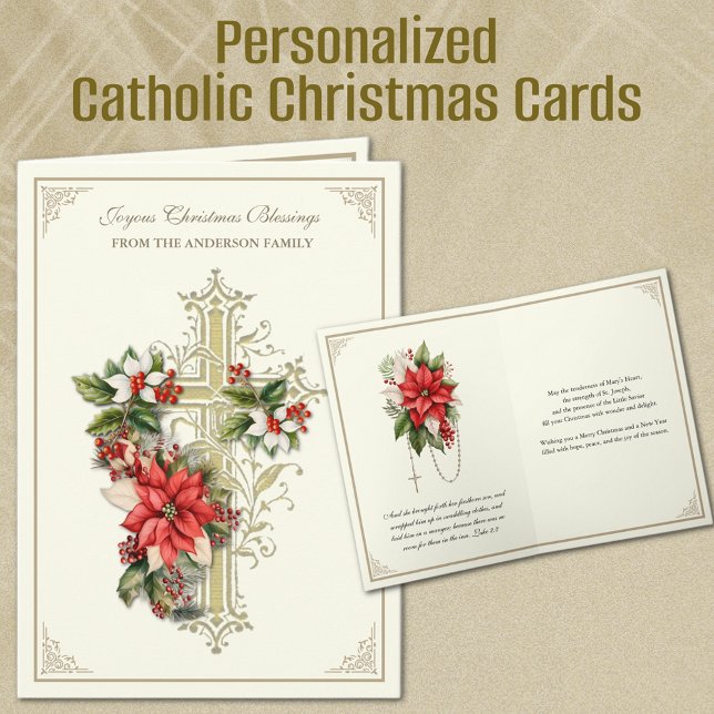 Christmas Catholic Gold Cross Poinsettias Holiday Card (Personalized Catholic Christmas Cards with Gold Cross and Poinsettia Flowers)